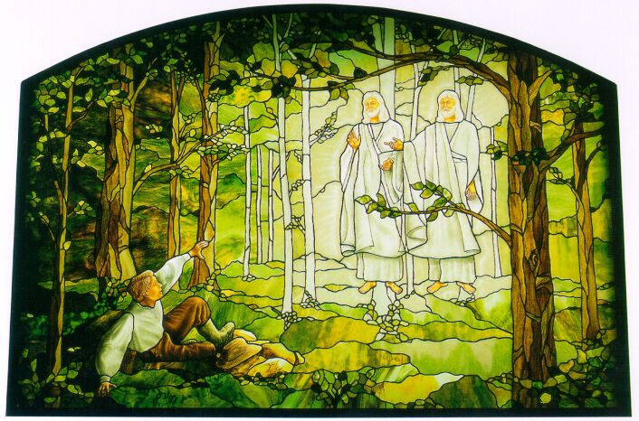 “Joseph Smith’s First Vision” (stained glass, 7 by 5 feet) in the Palmyra Temple, Palmyra, New York.