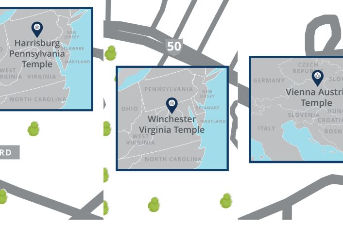 Locator maps for three new temple site locations — Harrisburg, Pennsylvania; Winchester, Virginia; and Vienna, Austria.